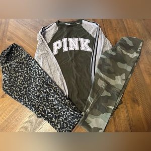 Vs Pink gently worn set Xs shirt & 2 pair of Xs ultimate leggings!